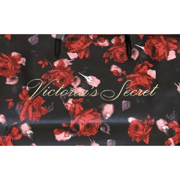 Victorias Secret Black Red Floral Open Tote Bag With Gold Logo Weekender - Picture 2 of 6